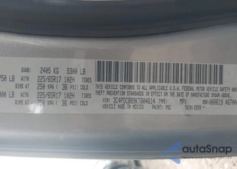 2019 Dodge Journey Se z USA, uszkodzony, nr VIN 3C4PDCBB9KT804614